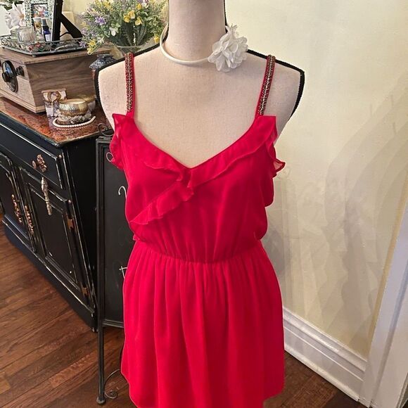 *Zara* *Barbiecore* Red Beaded Sheer Layered Ruffle Trim Dress Sz Small - Picture 4 of 9